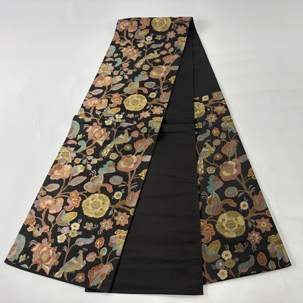 【美品】 袋帶 秀品級 枝花 孔雀 金金箔 黑 六通 純蠶絲