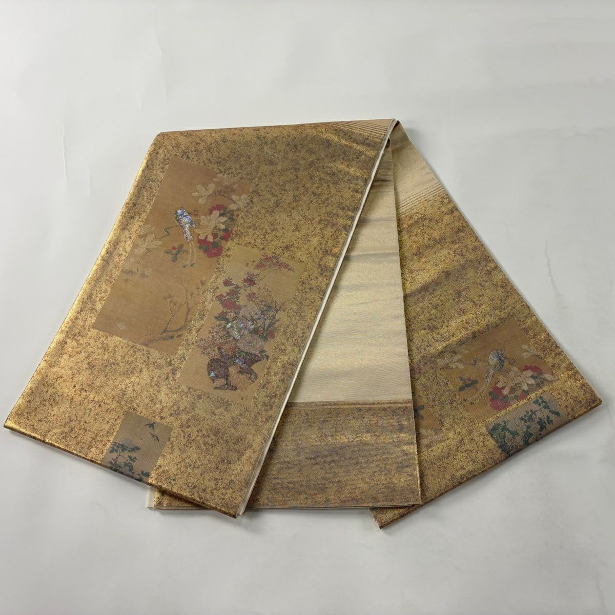 【美品】 袋帶 秀品級 關西仕立 短冊 花鳥 螺鈿金金箔 金銀彩 お太鼓圖案 純蠶絲