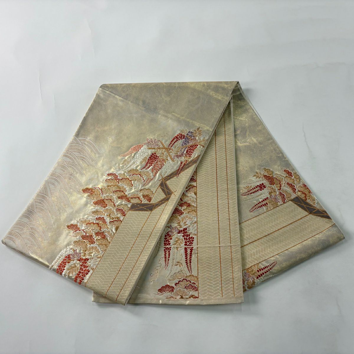 【美品】 袋帶 秀品級 寿松樹彩藤紋 金銀彩 金金箔 淺橙色 六通 純蠶絲