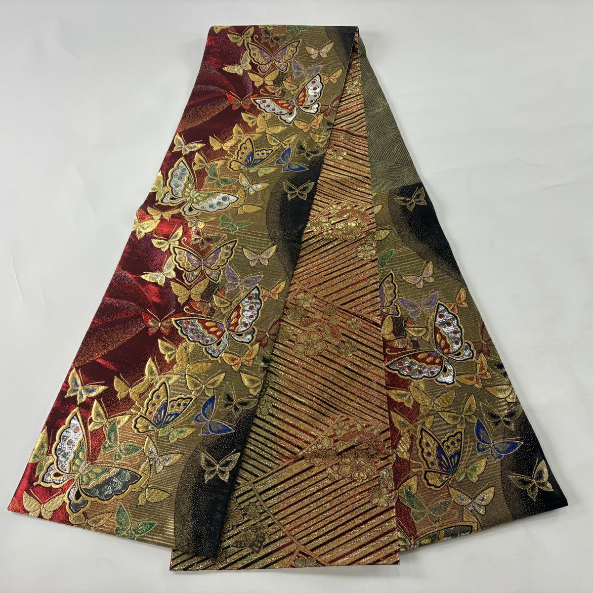 【美品】 袋帶 秀品級 煌蘭 蝶 金絲 金金箔 紅黑 六通 純蠶絲