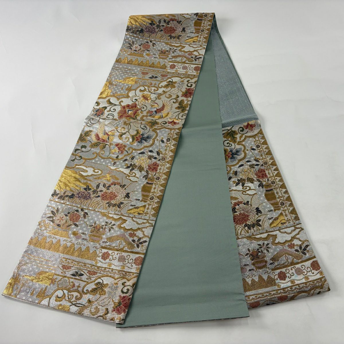 【美品】 袋帶 秀品級 鳥 花唐草紋 金銀絲 金金箔 銀 六通 純蠶絲