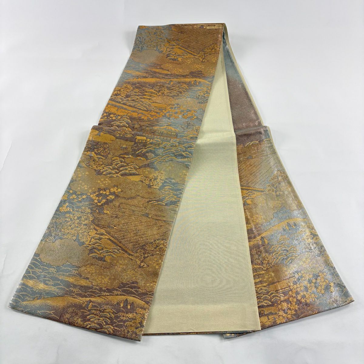 【美品】 袋帶 秀品級 建築 風景 金金箔 灰紫 六通 純蠶絲