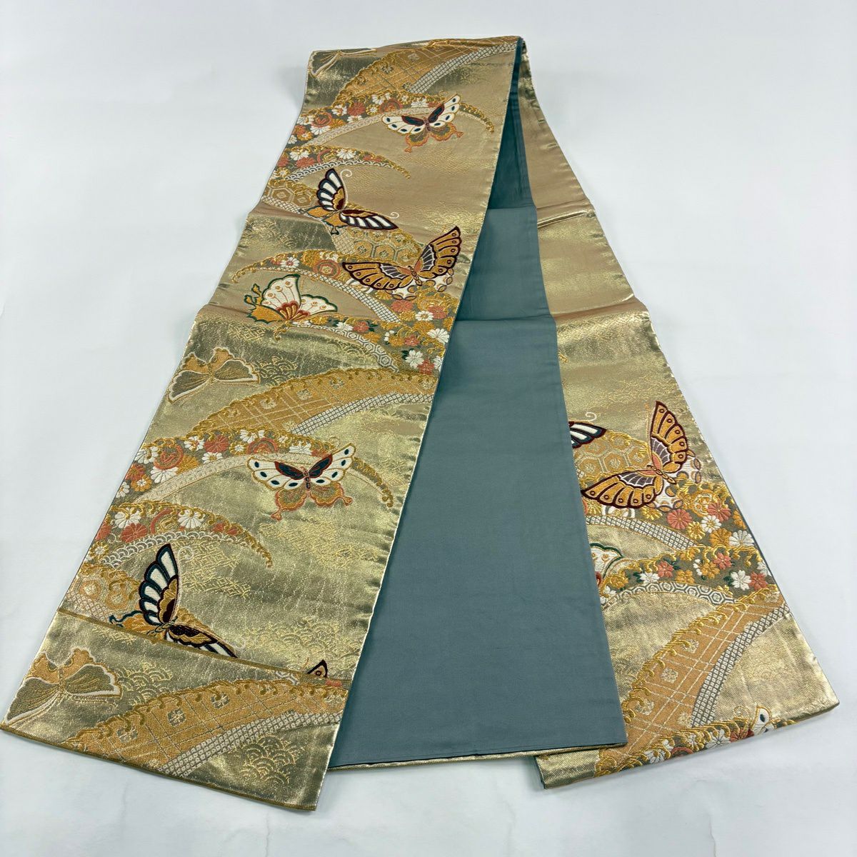 【美品】 袋帶 秀品級 蝶花 金絲 刺繡 金色 六通 純蠶絲