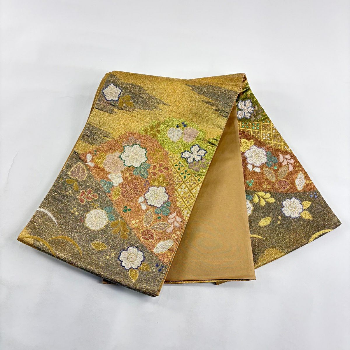【美品】 袋帶 秀品級 霞 草花紋 金金箔 金絲 山吹茶 紋樣 純蠶絲
