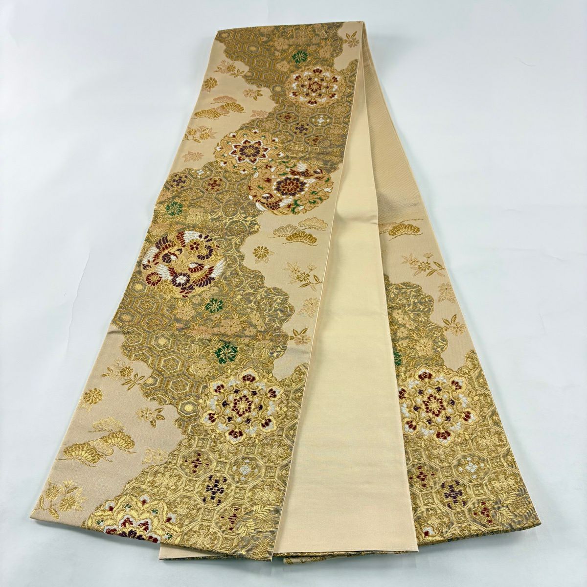 【美品】 袋帶 秀品級 華紋 蜀江文 金絲 金金箔 淺橙色 六通 純蠶絲