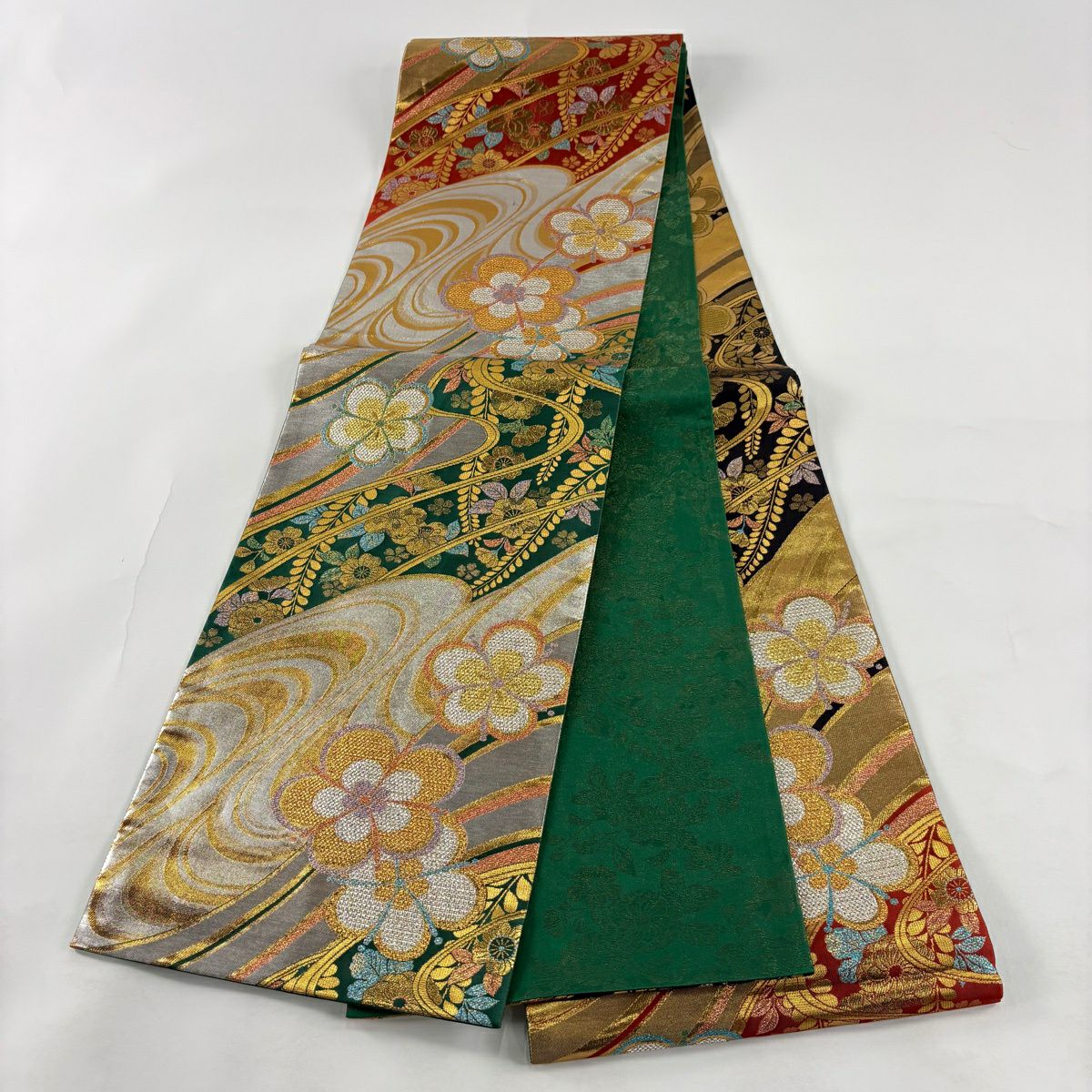 袋帶 秀品級 振袖禮服禮服用 梅花 流水 金金箔 金絲 金 六通 純蠶絲