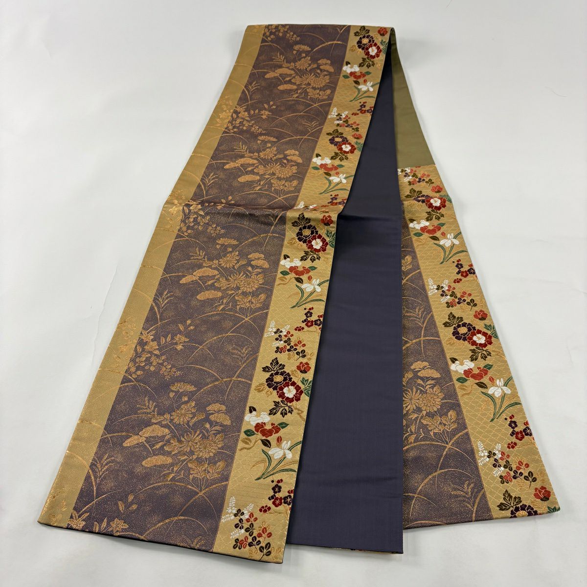 【美品】 袋帶 秀品級 秋草 唐織 金絲 黃土 深色 六通 純蠶絲