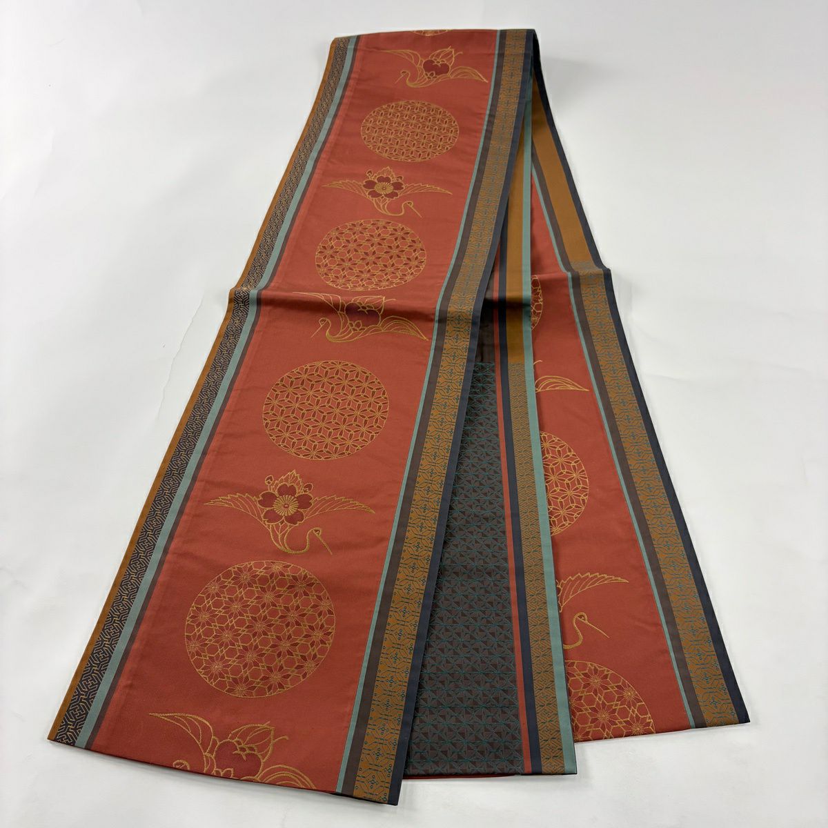 【美品】 袋帶 秀品級 證明書齊全 仙鶴 麻葉 深紅色 六通 純蠶絲