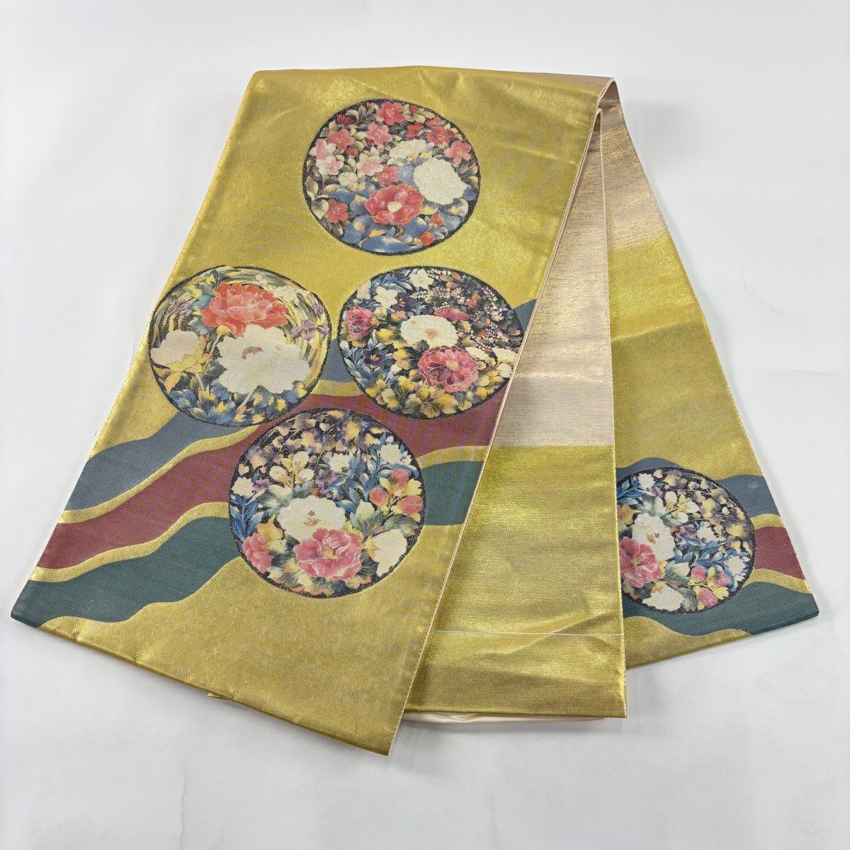 【美品】 袋帶 秀品級 證書齊全 草花紋 圓文 螺鈿金金箔 金色 大鼓圖案 純蠶絲