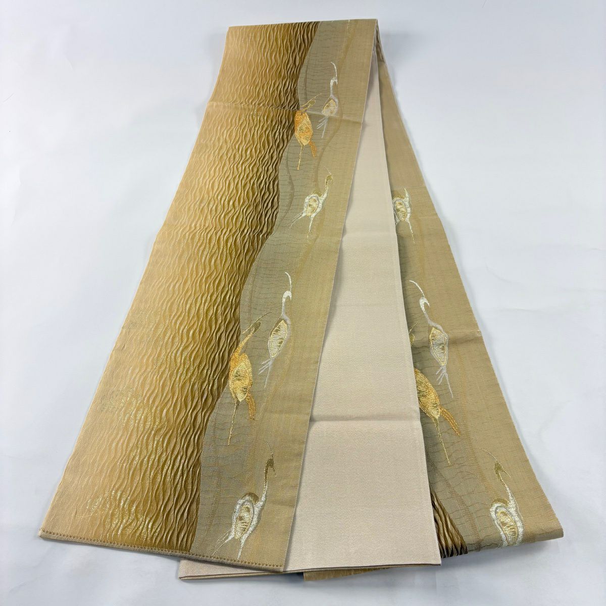 【美品】 袋帶 秀品級 仙鶴 松樹 金絲 金金箔 淺茶 六通 純蠶絲