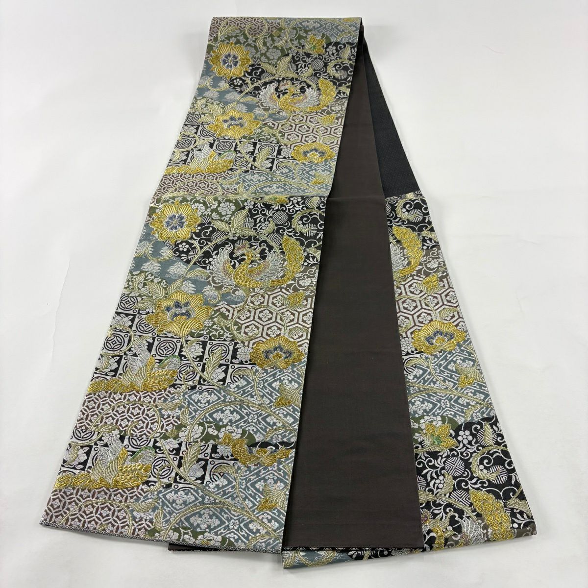 【美品】 袋帶 秀品級 關西仕立 紹唐 鳳凰 花唐草紋 金銀彩 金金箔 灰綠 六通 純蠶絲