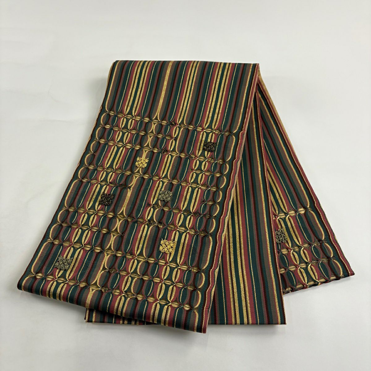 【美品】 袋帶 秀品級 幾何圖案 條紋 金絲 綠色 大鼓圖案 純蠶絲