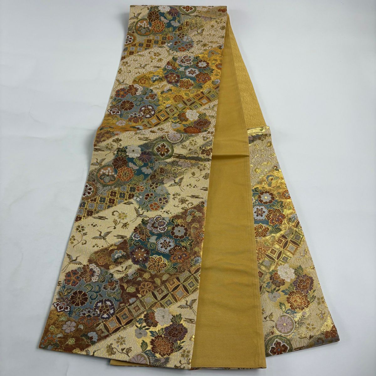 【美品】 袋帶 秀品級 花丸紋 七寶 金絲 金金箔 金色 六通 純蠶絲