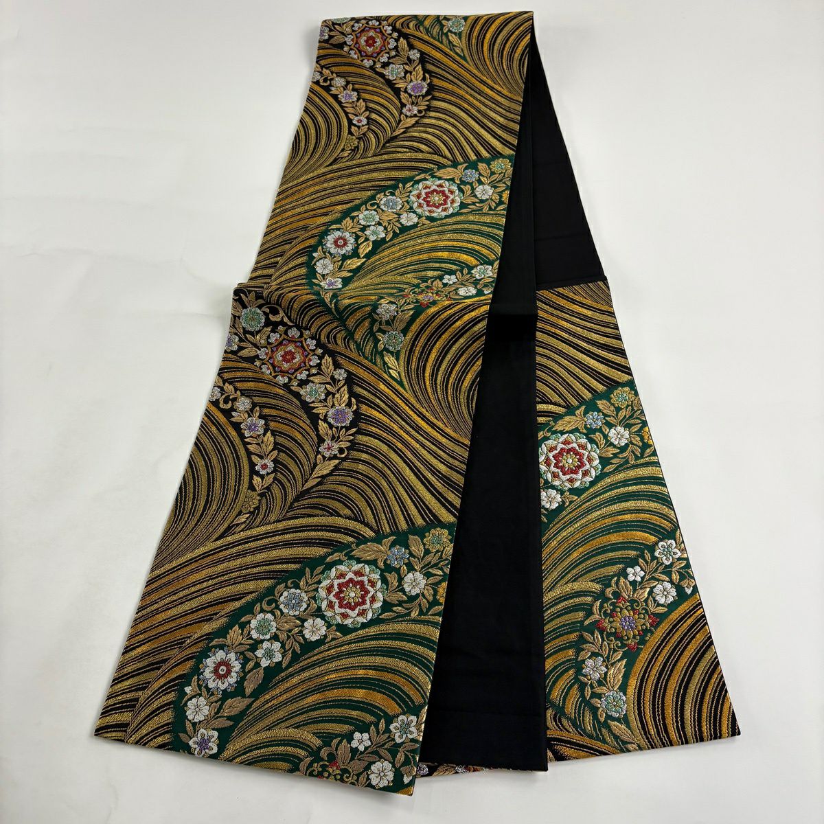 【美品】 袋帶 秀品級 振袖禮服禮服用 草花紋紋 波紋 金金箔 金線 綠色 六通 純蠶絲