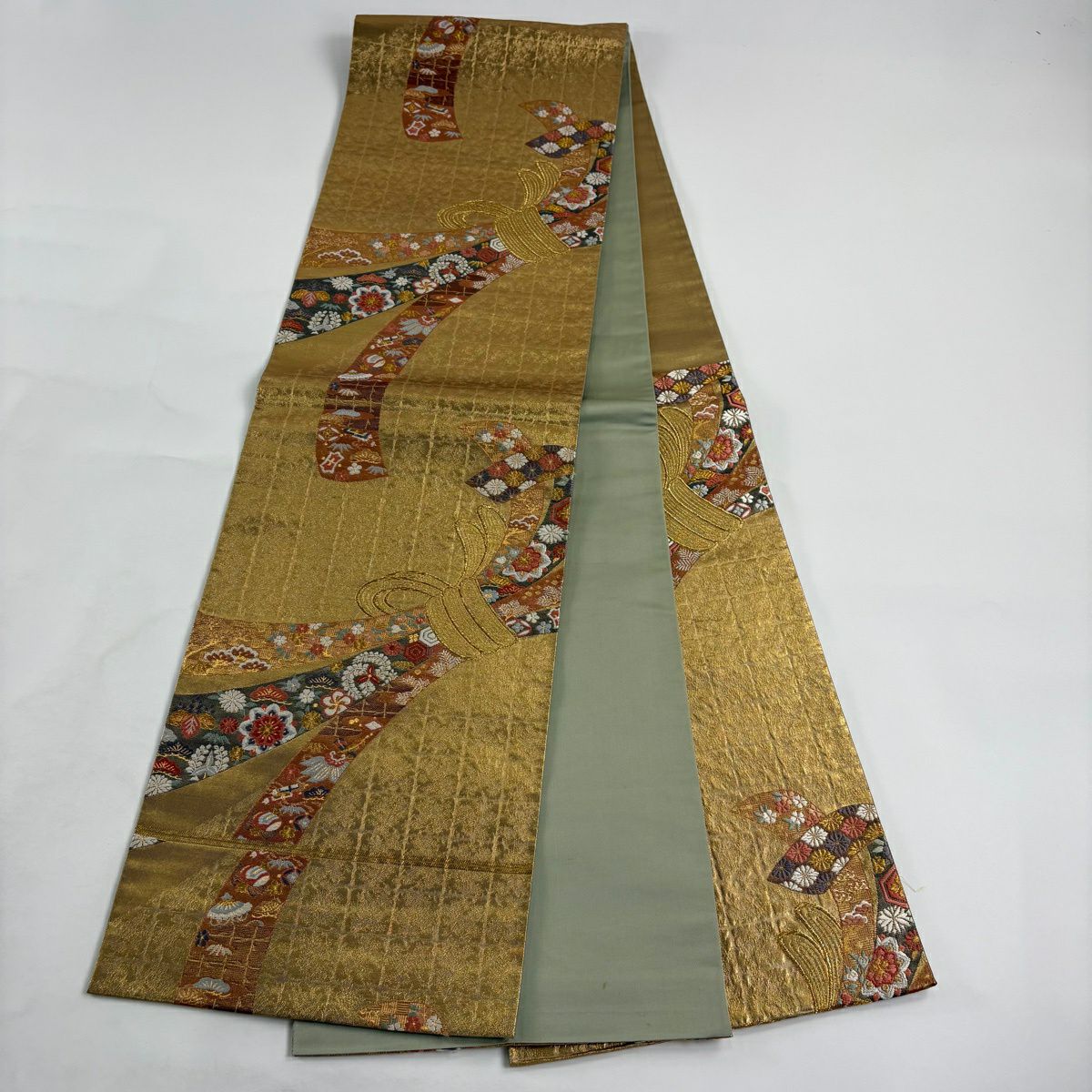 【美品】 袋帶 秀品級 束捲熨斗紋 寶物滿載 金絲 金金箔 金色 六通 純蠶絲