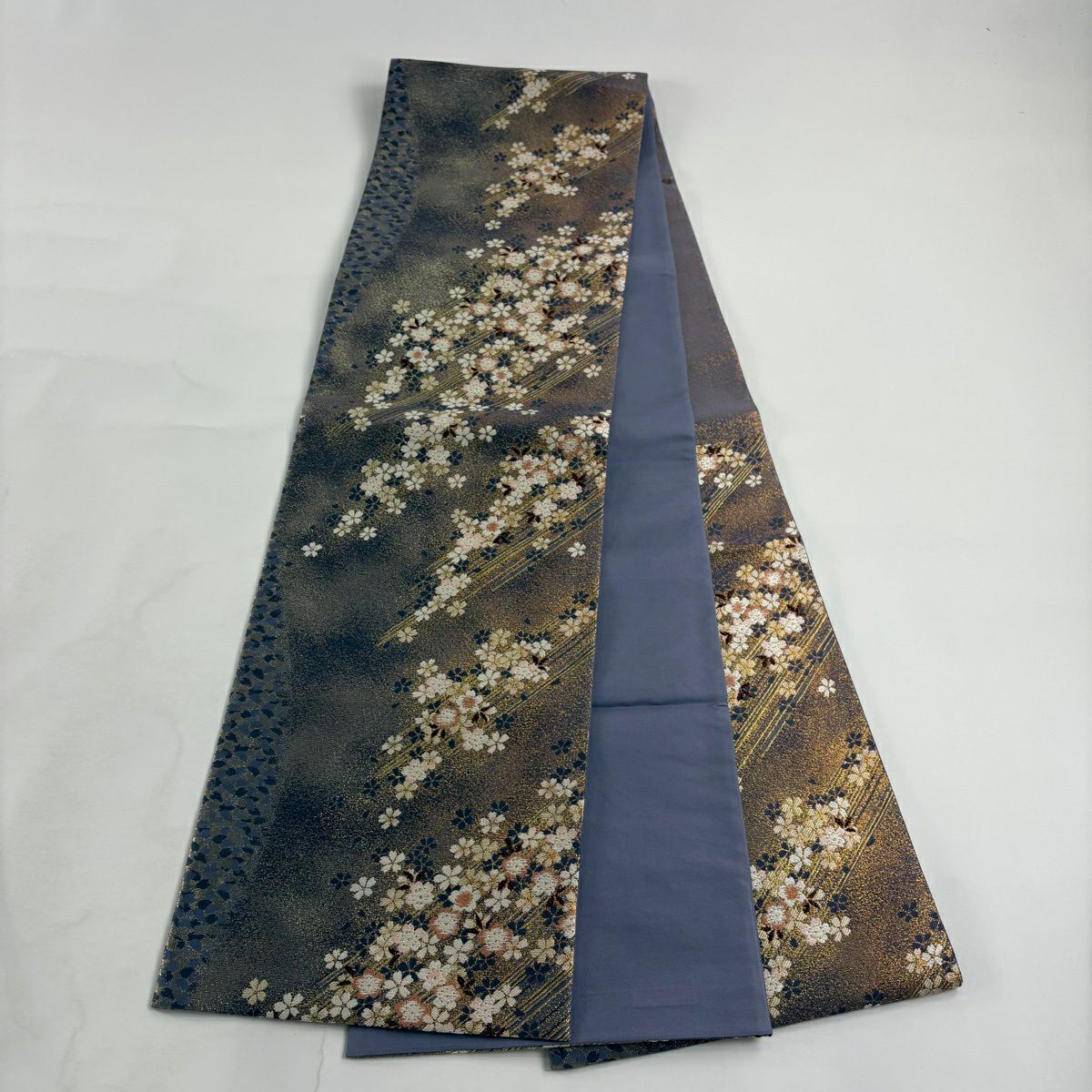 【美品】 袋帶 秀品級 大和 櫻花 斜紋 金金箔 青紫 大鼓圖案 純蠶絲