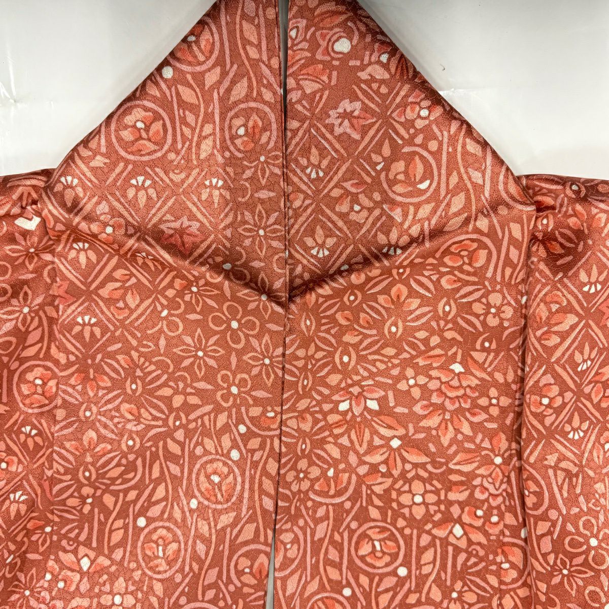 【美品】 小紋 身長157.5cm 袖長64.5cm M 雙層 草花紋紋 鮭粉色 純蠶絲 優品級