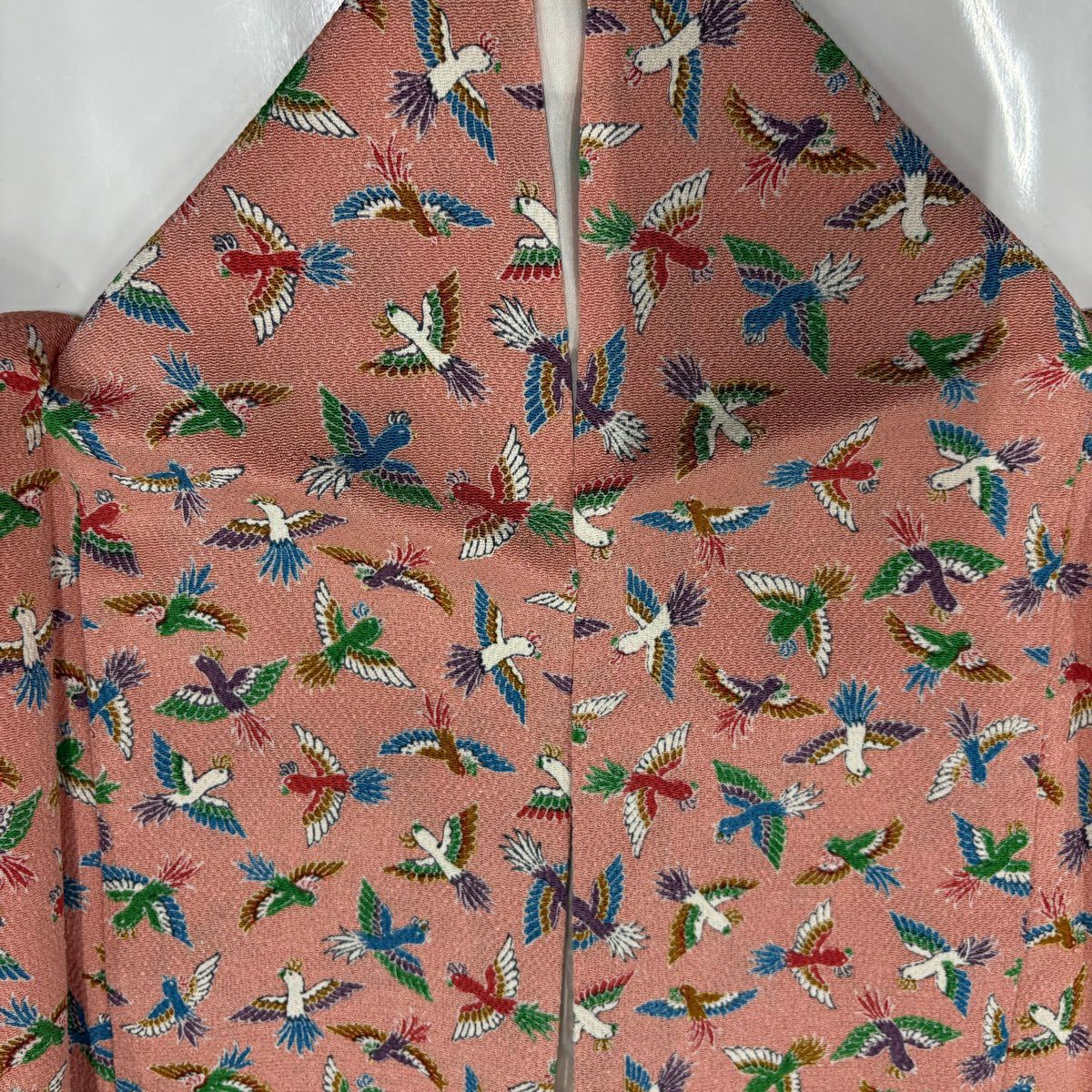 【美品】 小紋 身長167cm 袖長63cm S 雙層 鳥 絞染 鮭粉色 純蠶絲 優品級
