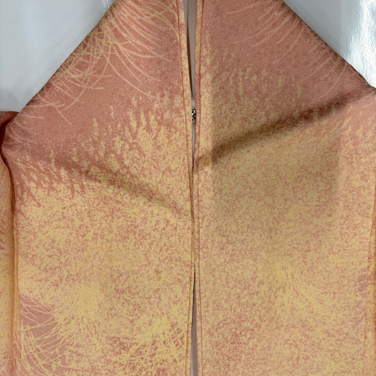 【美品】 小紋 身長154cm 袖長63cm S 雙層 葉柄 幾何圖案 橙色 純蠶絲 優品級