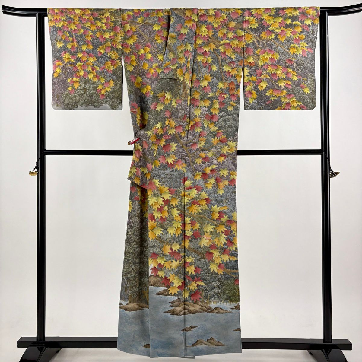 訪問服 身長157cm 袖長65cm M 雙層 山岡古都 落款あり 紅葉 風景 漸層 灰色 純蠶絲 逸品級