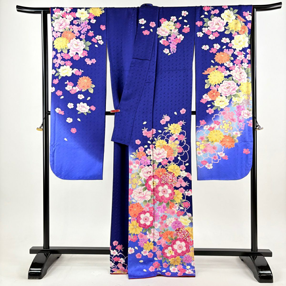 【美品】振袖禮服 身長169cm 袖長68.5cm L 雙層 櫻花 手毬 銀通 金銀彩 青紫 純蠶絲 逸品級