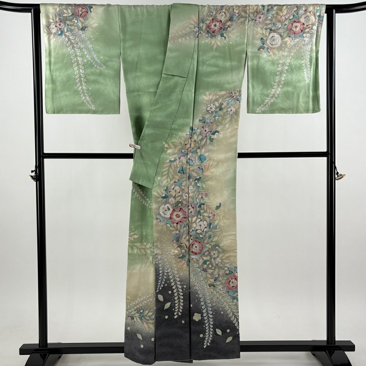 【美品】訪問服 身長158cm 袖長67cm M 雙層 翠山工房 落款あり 辻花染 銀通し 漸層 薄綠 純蠶絲 逸品級