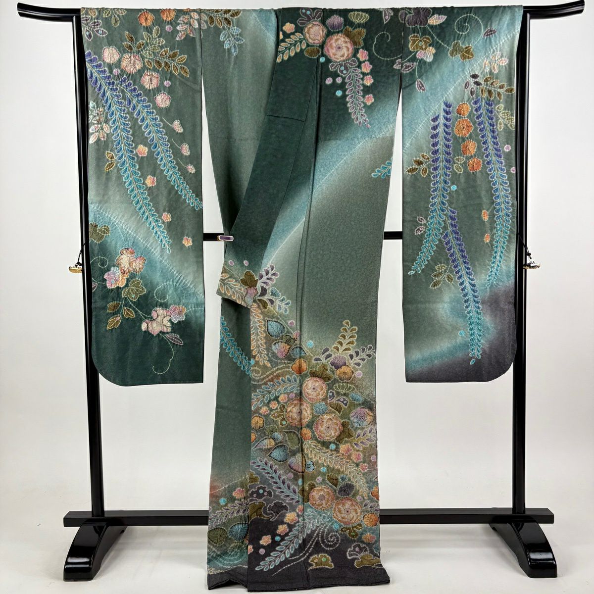 振袖禮服 身長177cm 袖長68cm L 雙層 辻花染 銀通 金銀彩 灰綠 純蠶絲 逸品級