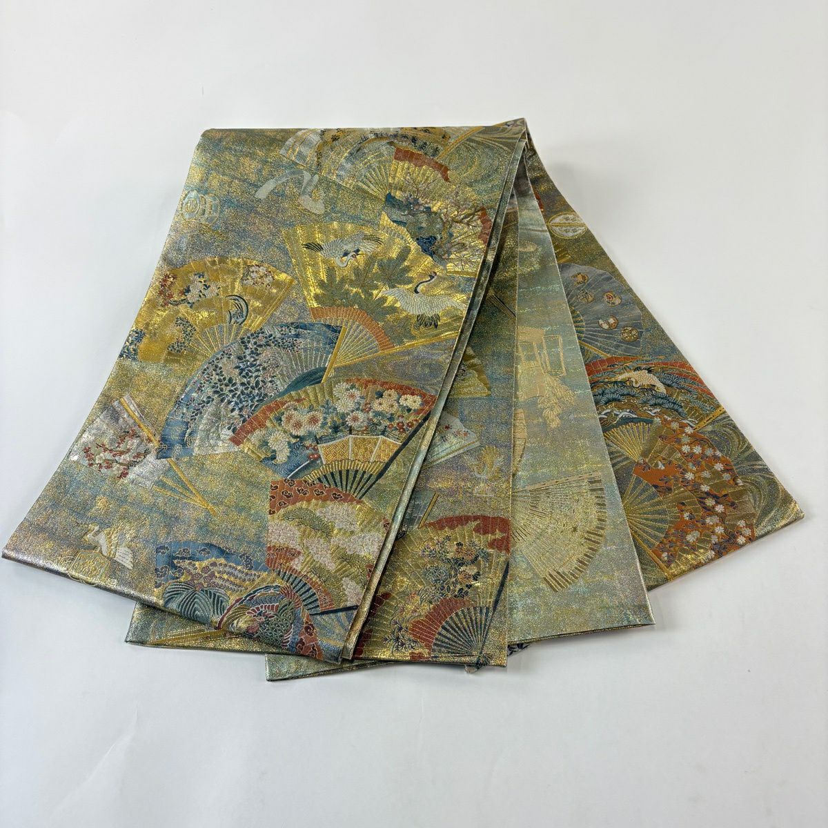 【美品】 袋帶 逸品級 附落款 徳川美術館秘藏 能樂百扇子 花鳥 金絲 金金箔 金色 大鼓圖案 純蠶絲