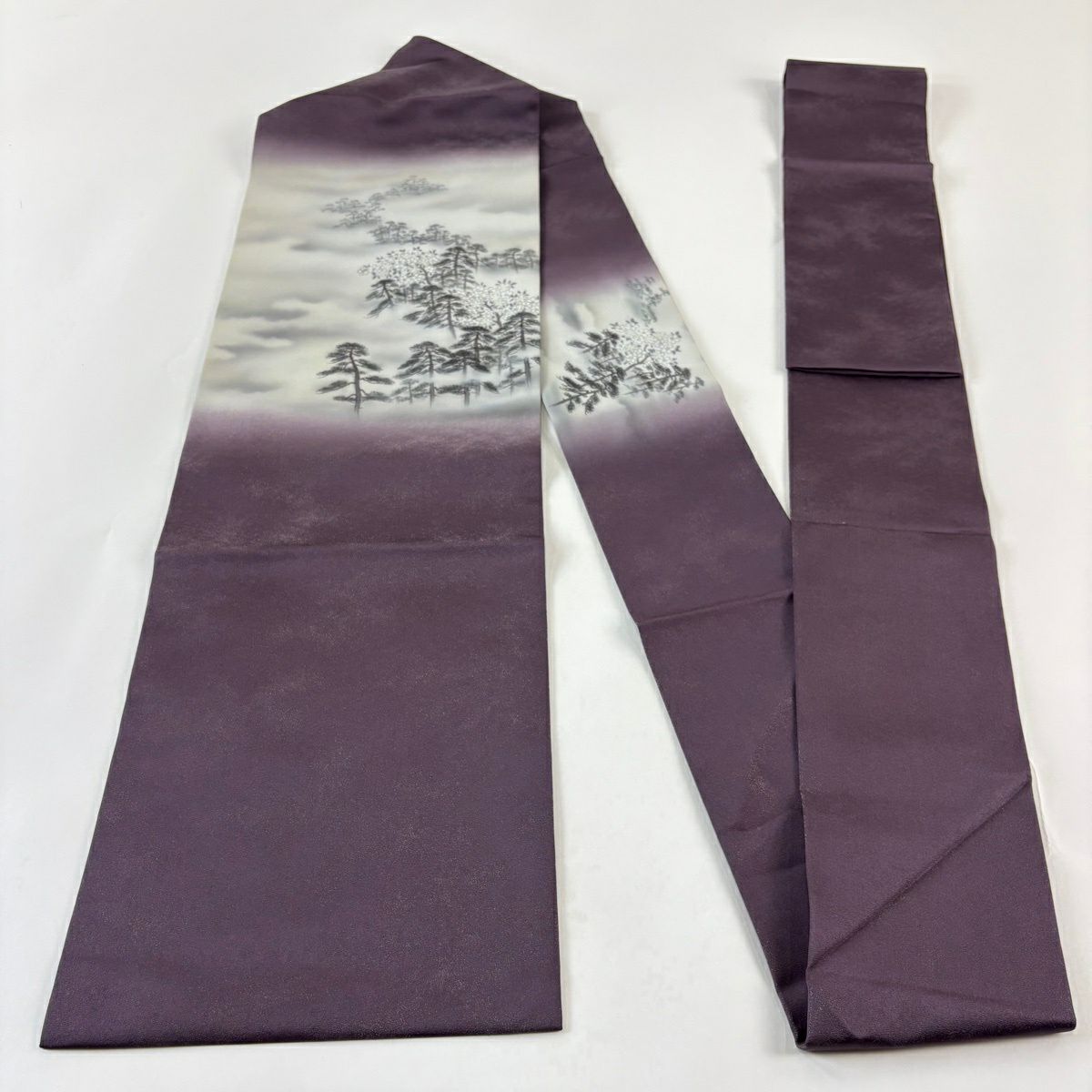 【美品】 名古屋帶 逸品級 樹木 枝花 銀通 金銀彩 灰紫 純蠶絲