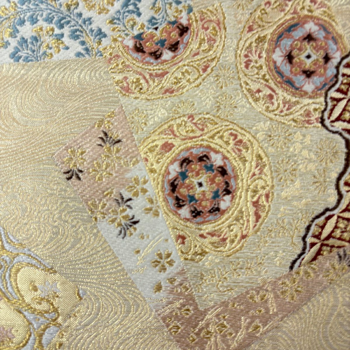 【美品】訪問服 身長163.5cm 袖長67cm M 雙層 袋帶套裝 扇子面 華紋 金絲 金銀彩 粉米色 純蠶絲 秀品級