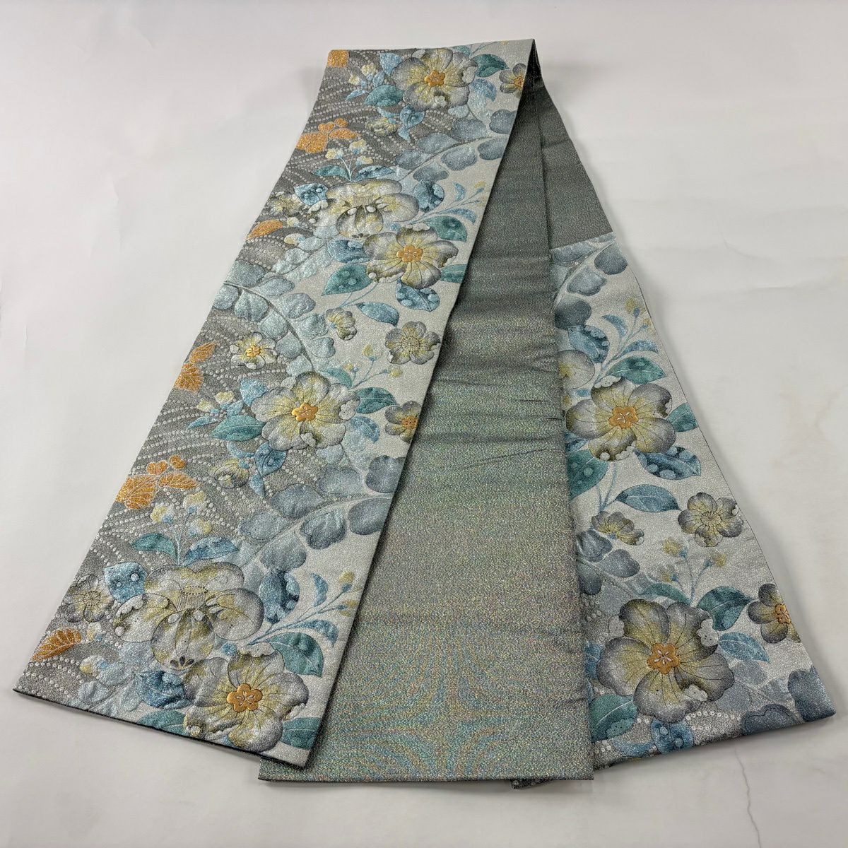【美品】 袋帶 秀品級 辻花染圖案 波紋 金金箔 水藍色 六通 純蠶絲