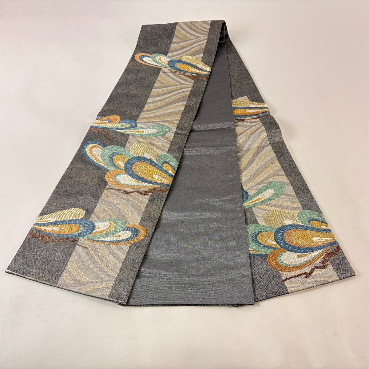 【美品】 袋帶 秀品級 笠松樹 波 金銀彩 金箔 灰 深藍 六通 純蠶絲