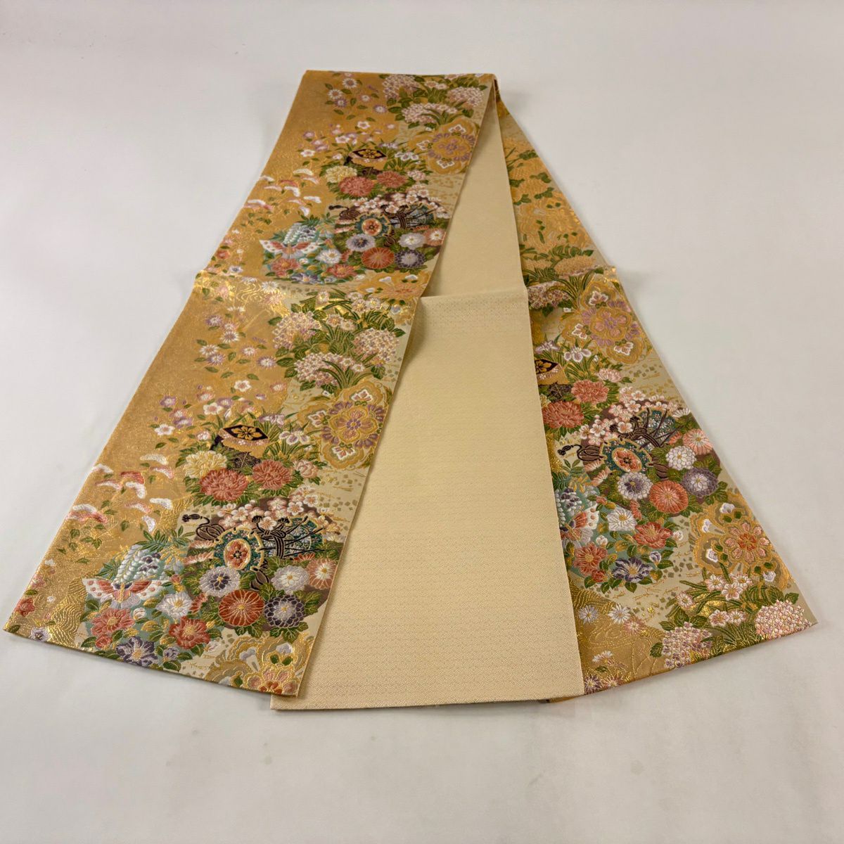 【美品】 袋帶 秀品級 瑞祥琳派 鼓 貝桶 金絲 金金箔 金色 六通 純蠶絲