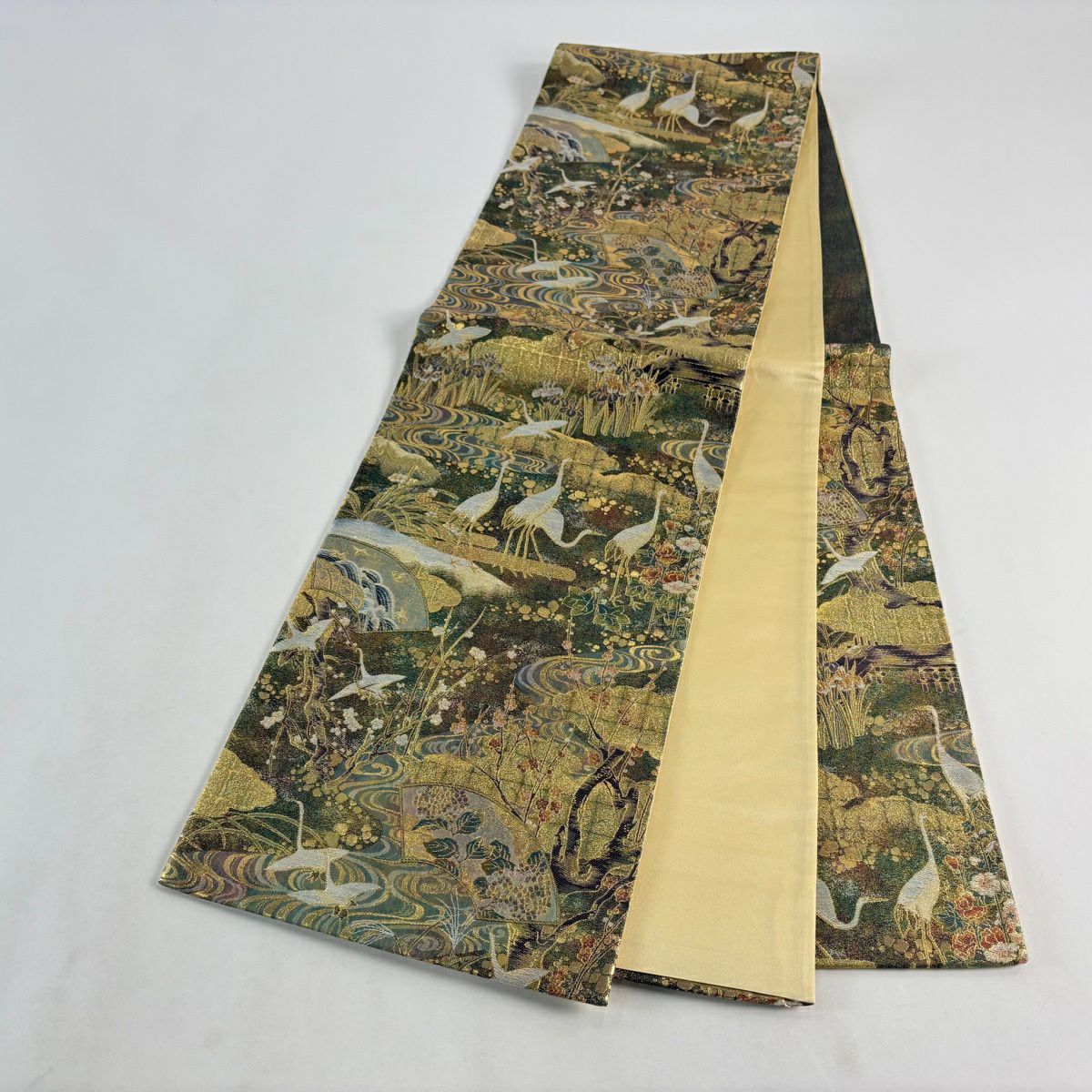 【美品】 袋帶 秀品級 色彩花鳥 扇子面 金絲 金金箔 金色 六通 純蠶絲