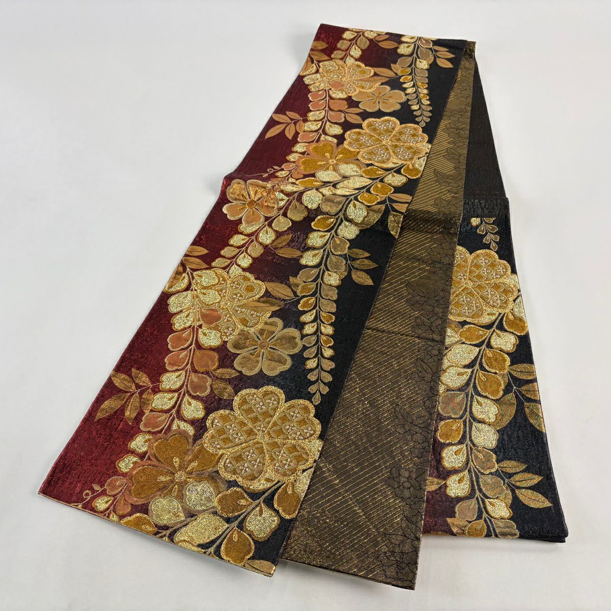 【美品】 袋帶 優品級 振袖禮服禮服用 櫻花 藤花 金金箔 金絲 紅 六通 純蠶絲