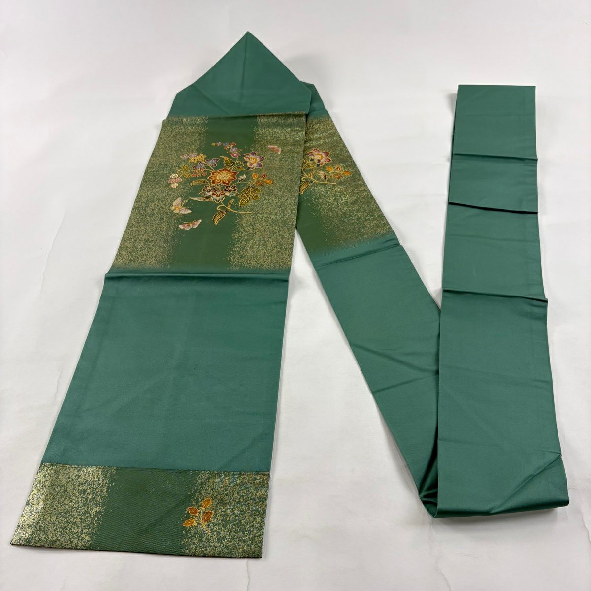 名古屋帶 秀品級 草花紋紋 蝶 螺鈿 金銀彩 綠 純蠶絲