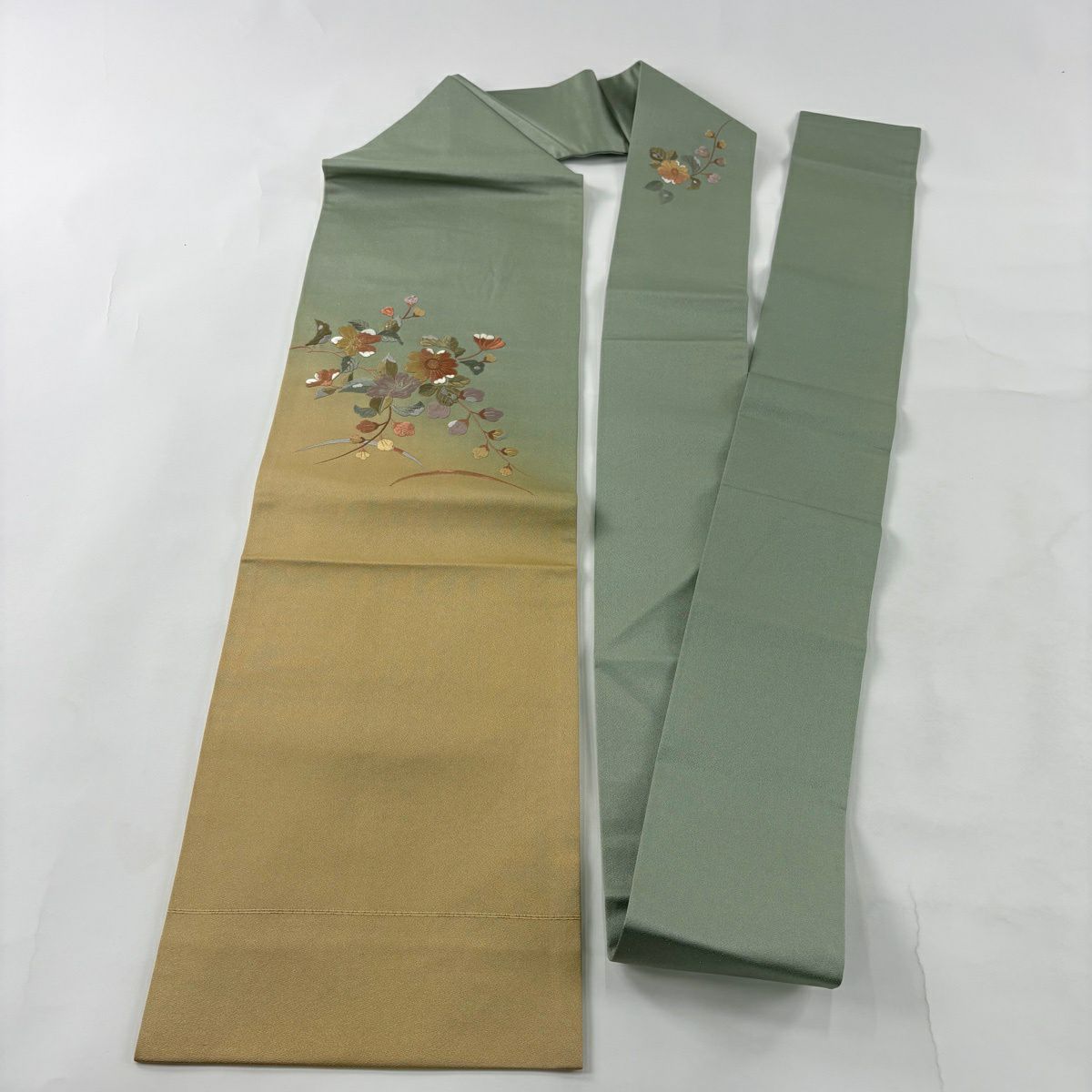 名古屋帶 秀品級 枝花 芝 刺繡 銀通 灰綠 純蠶絲