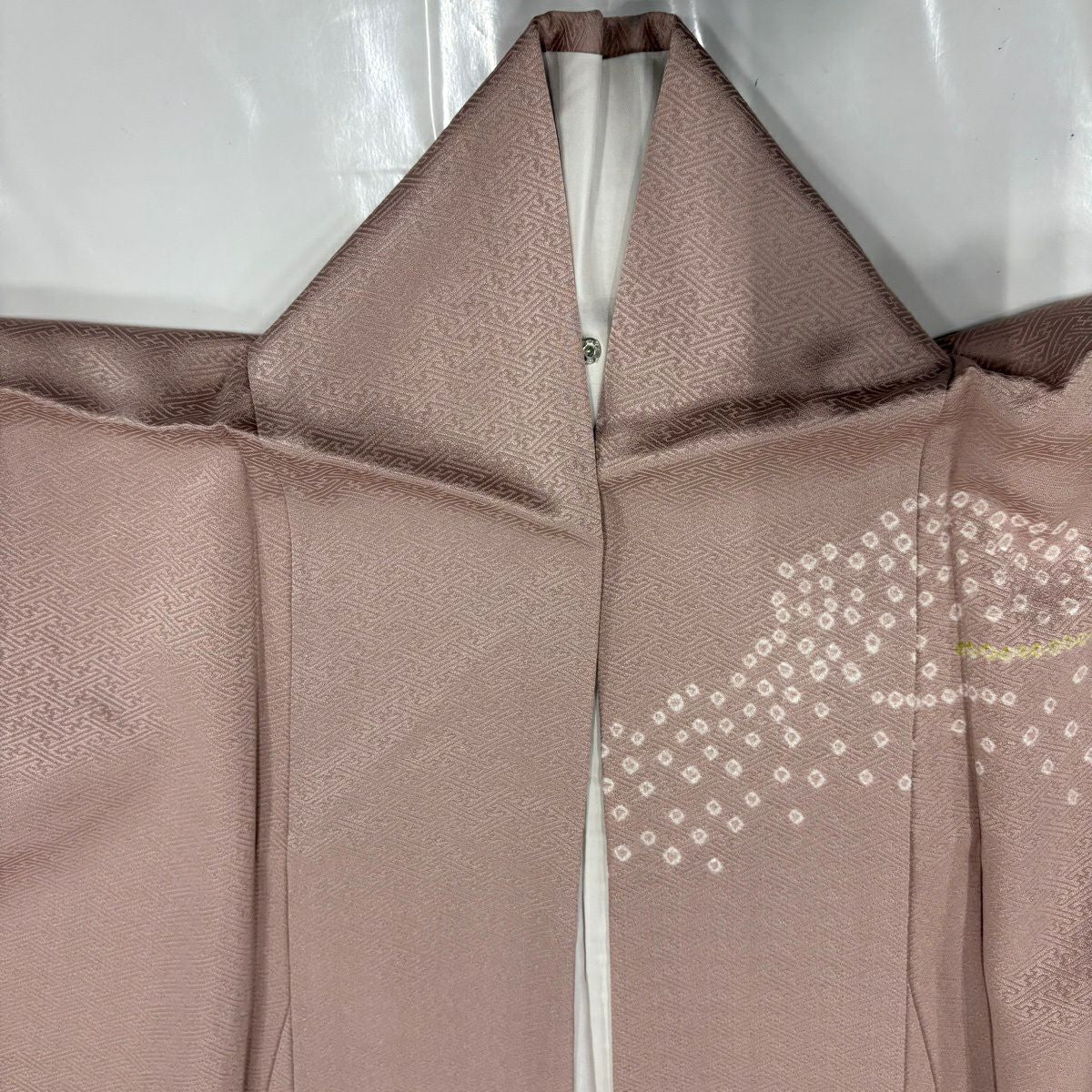 【美品】訪問服 身長157cm 袖長63cm S 雙層 草花紋紋 雲文 金糸刺繡 粉米色 純蠶絲 秀品級