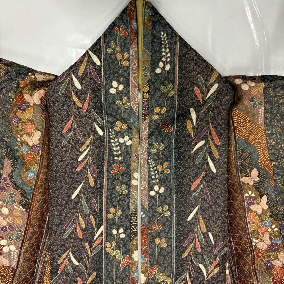 【美品】 小紋 身長164cm 袖長66cm M 雙層 條紋 櫻花 金彩裝飾 小豆色 純蠶絲 優品級