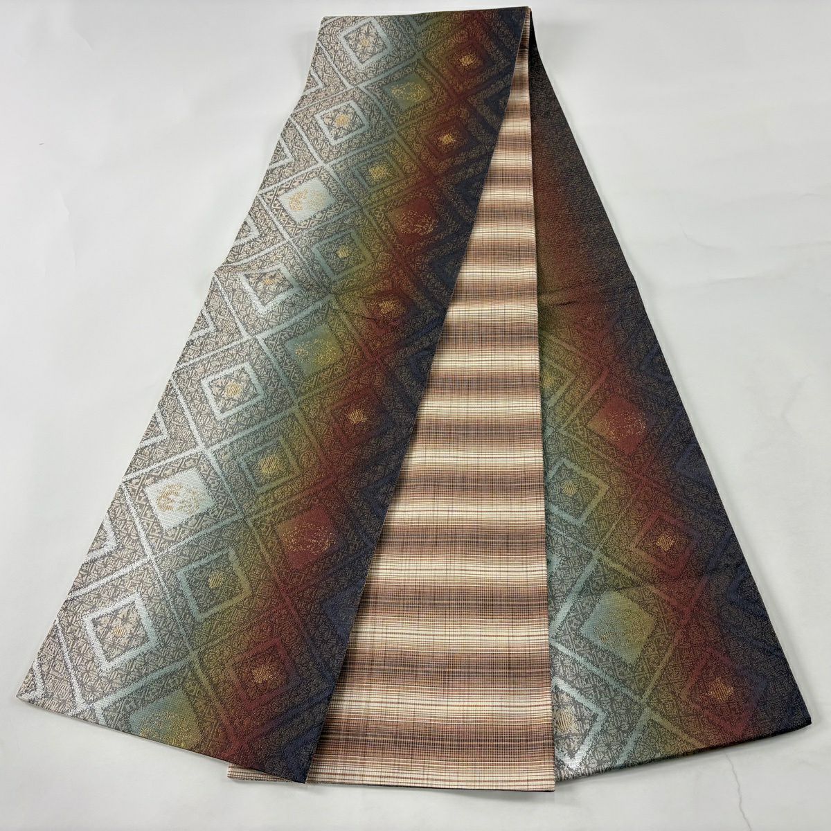【美品】 袋帶 秀品級 本泥染袋帶 斜格子 菱 金絲 金金箔 灰綠 六通 純蠶絲