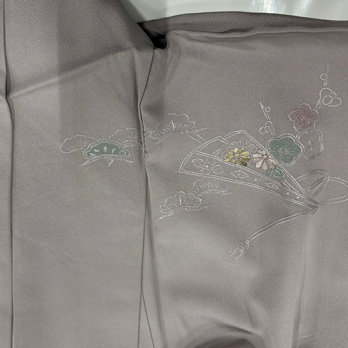 訪問服 身長155.5cm 袖長62cm S 雙層 桧扇子 松樹竹子梅花 刺繡 金糸 灰紫 純蠶絲 秀品級