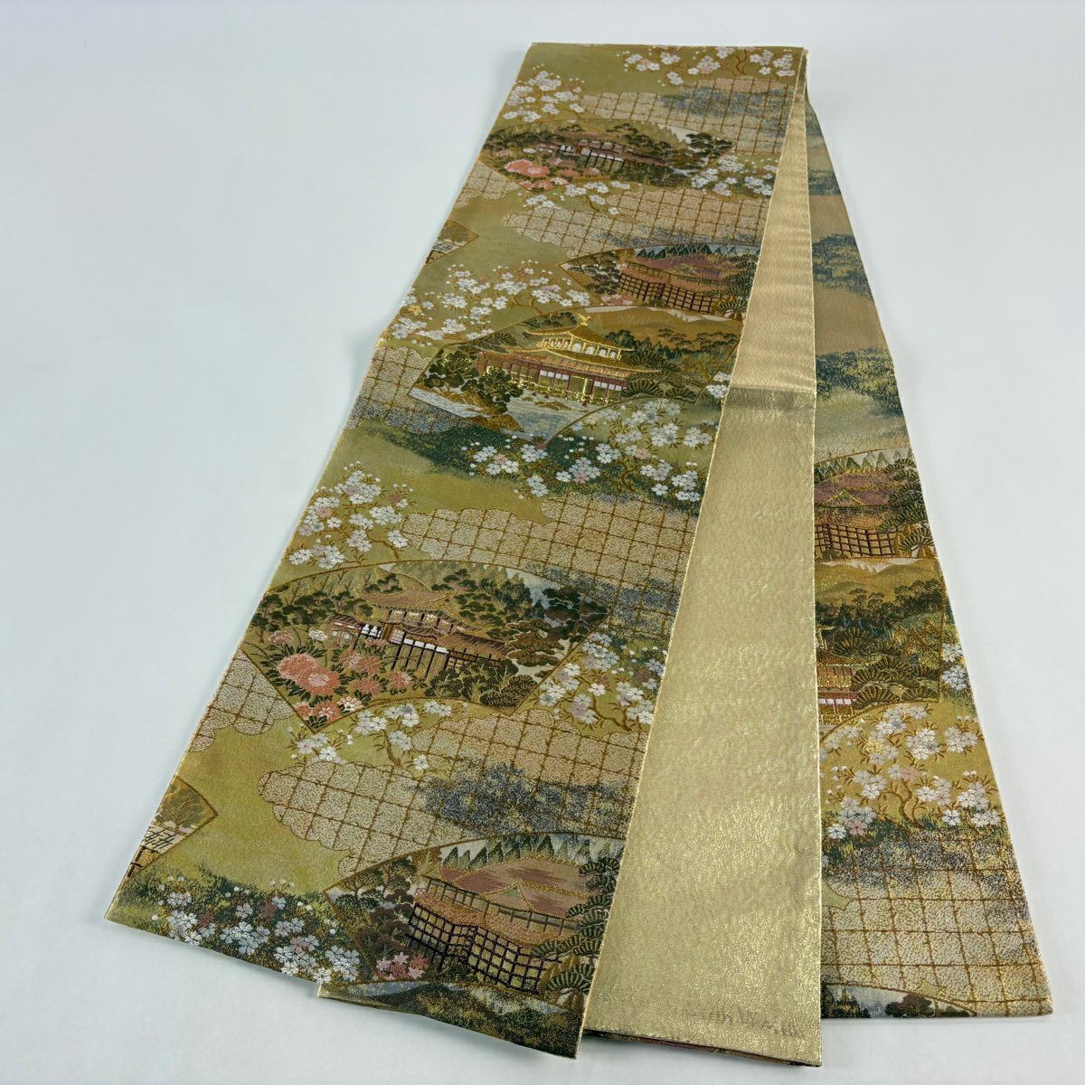 【美品】 袋帶 秀品級 扇子面 風景 金絲 金金箔 金 六通 純蠶絲
