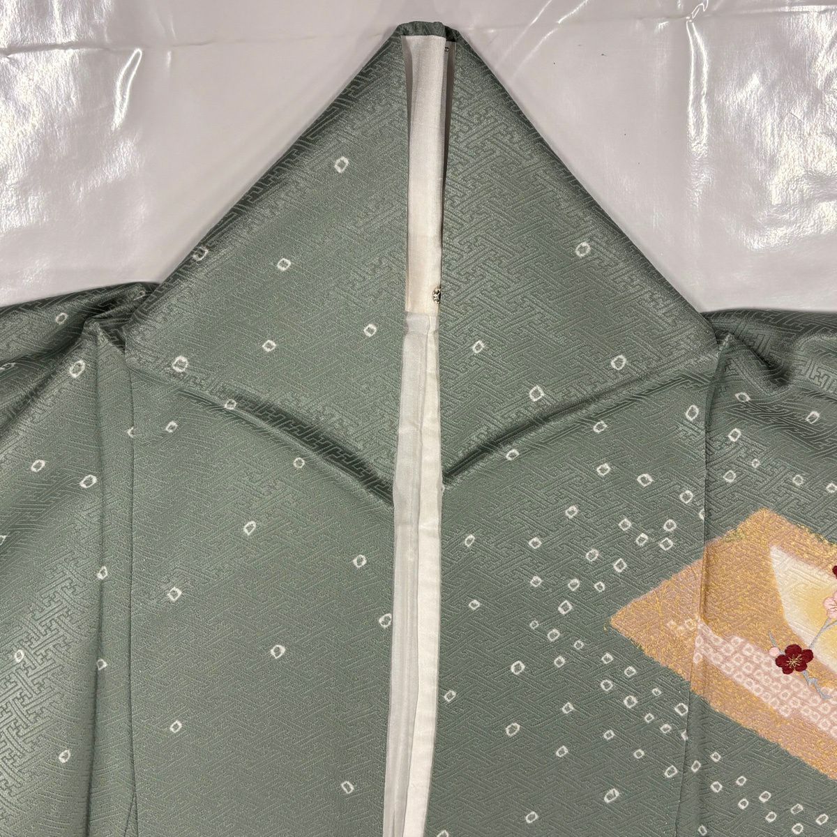 【美品】訪問服 身長155cm 袖長64.5cm M 雙層 椿 幾何學 刺繡 絞染 灰綠 純蠶絲 秀品級