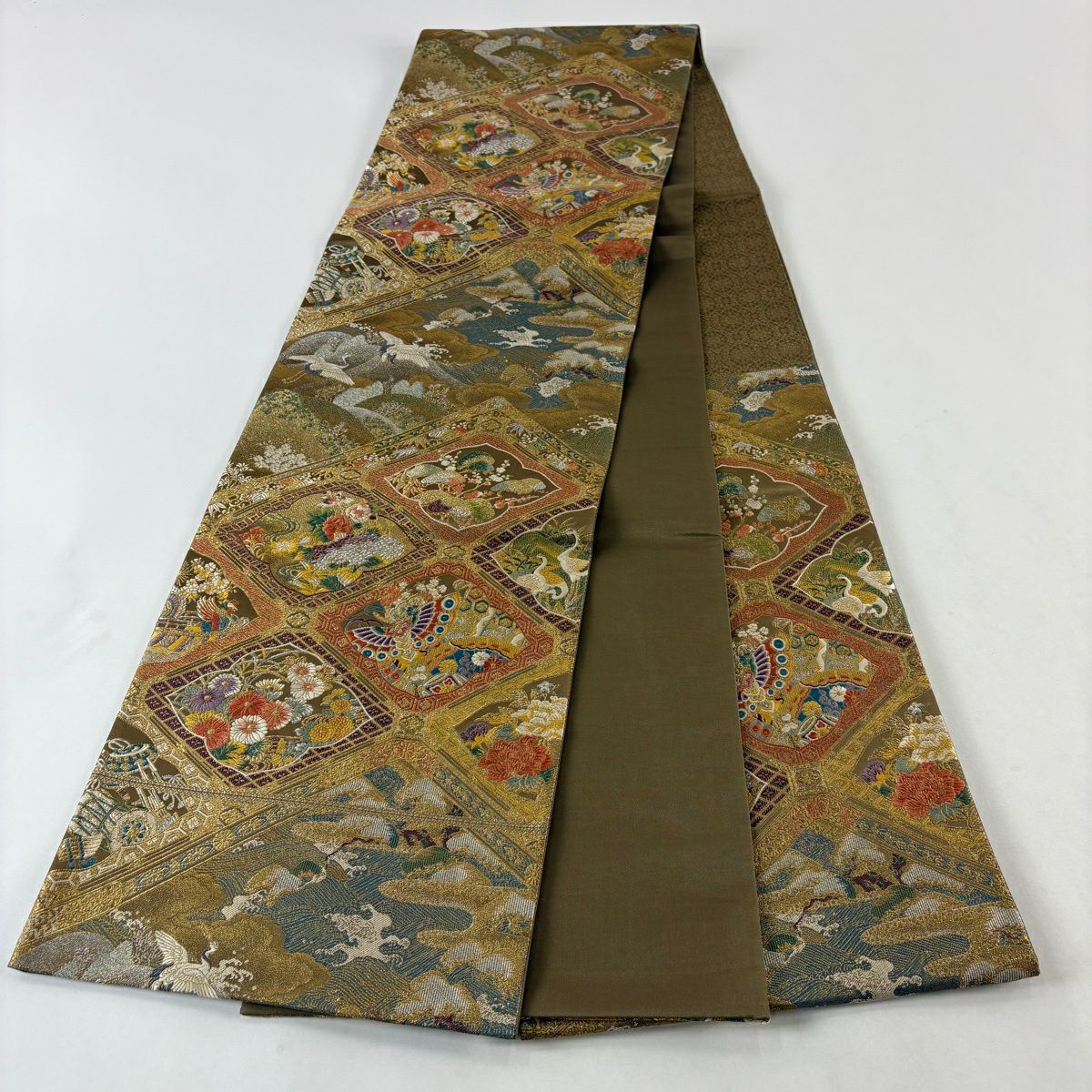 【美品】 袋帶 秀品級 本金金箔織 花鳥 蝴蝶 金銀線 金箔 金色 六通 純蠶絲