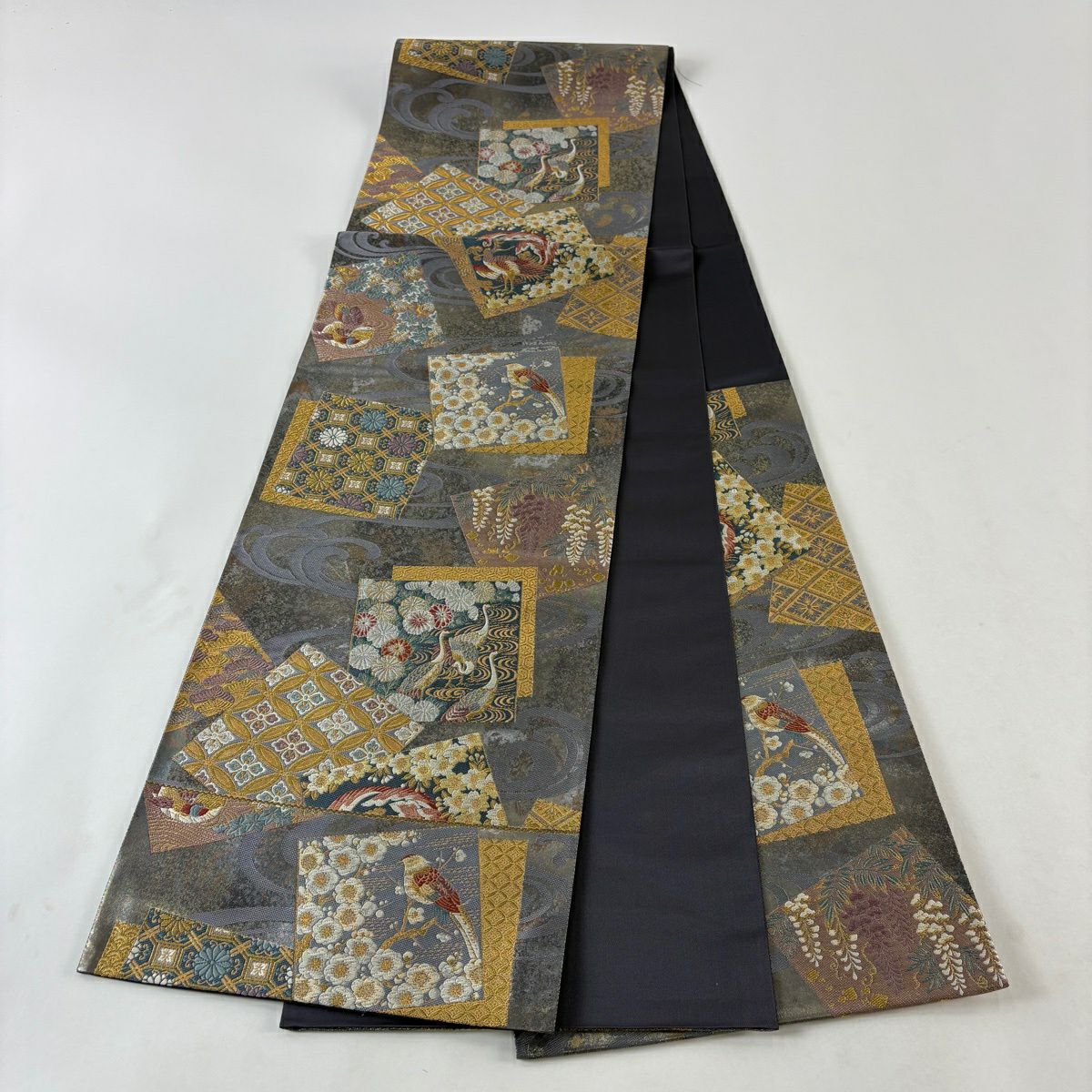 【美品】 袋帶 秀品級 色紙 花鳥 金糸 金金箔 灰 深藍 六通 純蠶絲