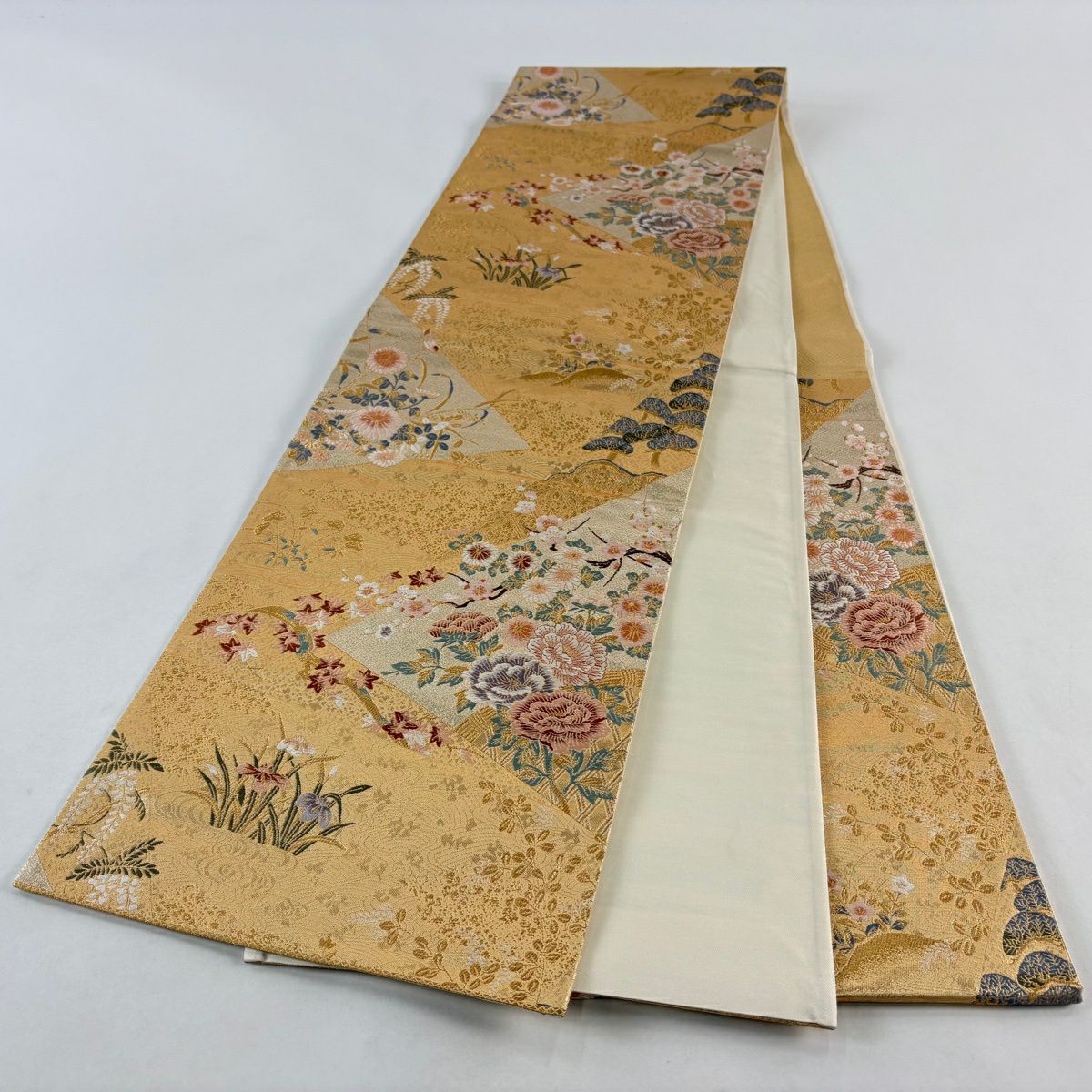 【美品】 袋帶 秀品級 草花紋 流水 金絲 金金箔 金色 六通 純蠶絲