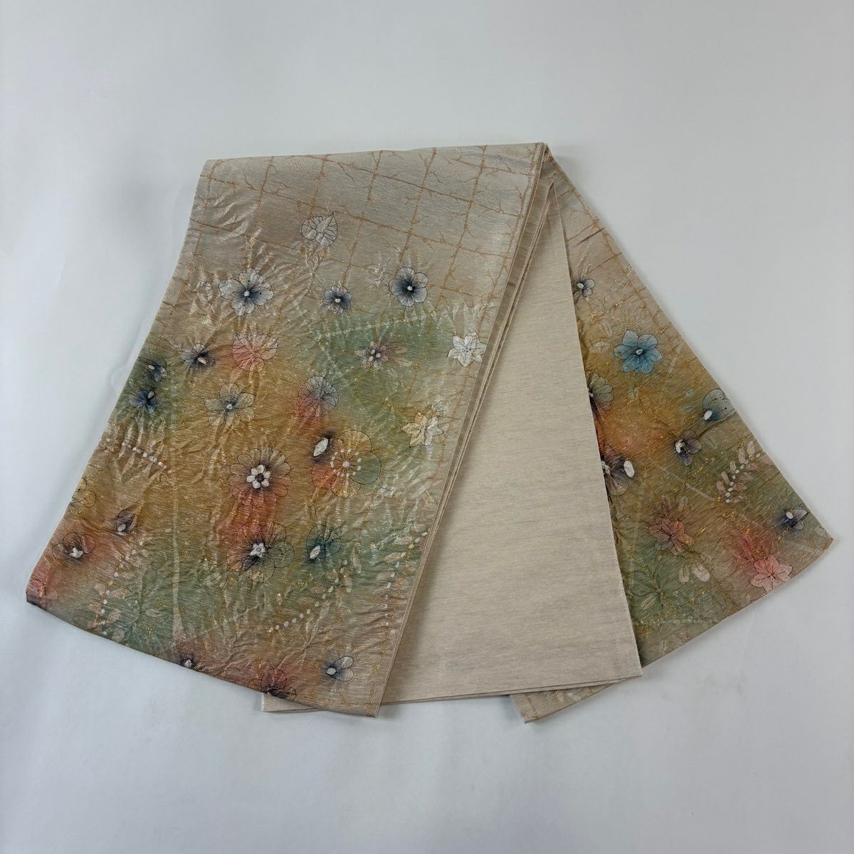 袋帶 秀品級 梅花 草花紋紋 金金箔 米色 大鼓圖案 純蠶絲