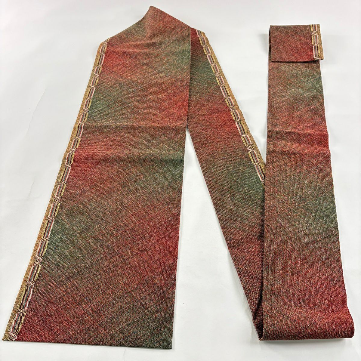 【美品】名古屋帶 優品級 八寸名古屋帶 幾何圖案 金絲 紅茶 純蠶絲