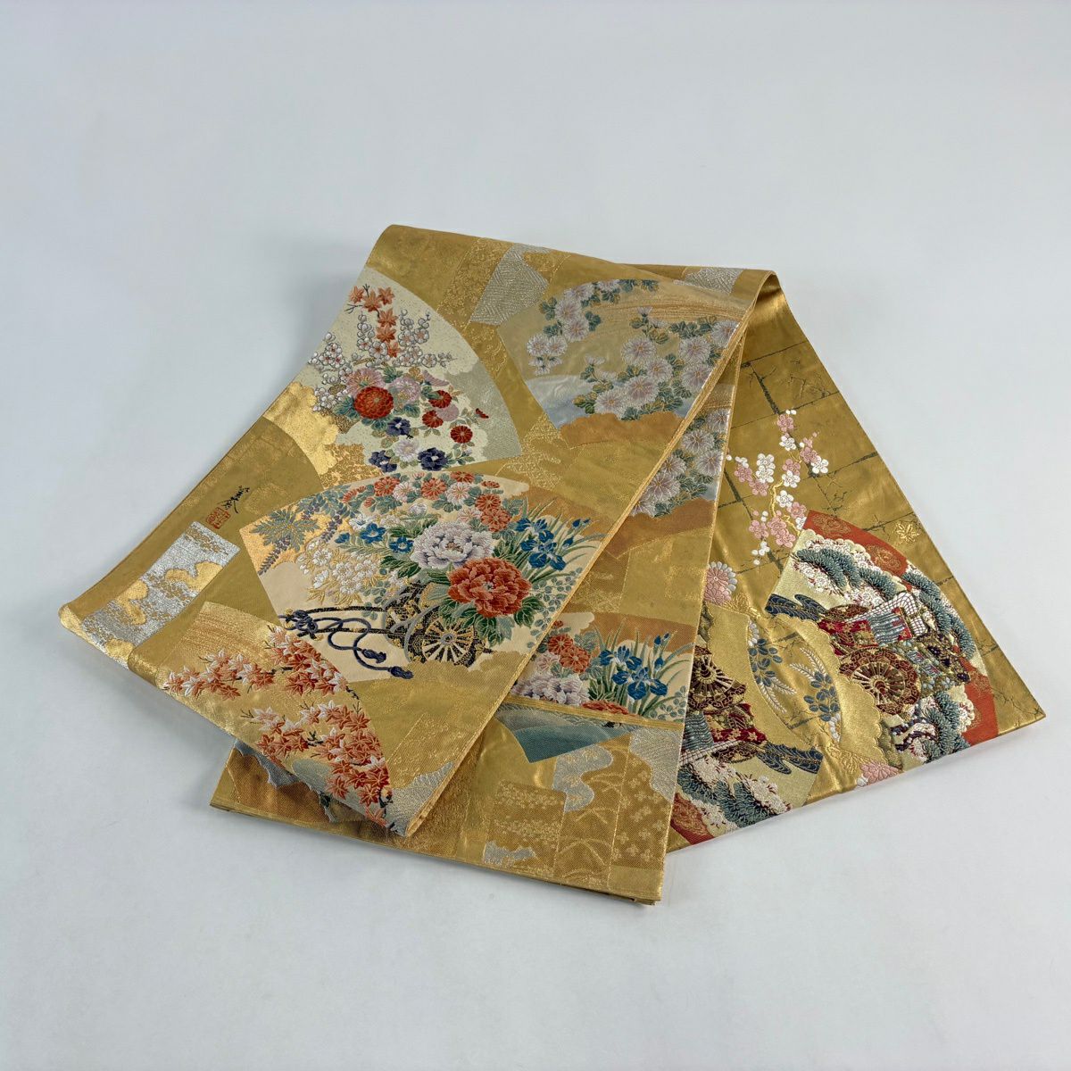 袋帶 秀品級 有落款 關西仕立 扇子面 花車 刺繡 金銀彩 金色 大鼓圖案 純蠶絲
