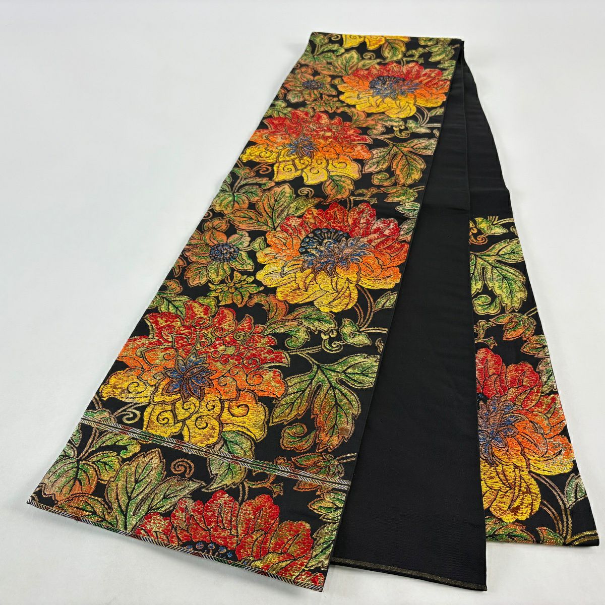 【美品】 袋帶 秀品級 關西仕立 大牡丹印金 金金箔 刺繡 黑 六通 純蠶絲